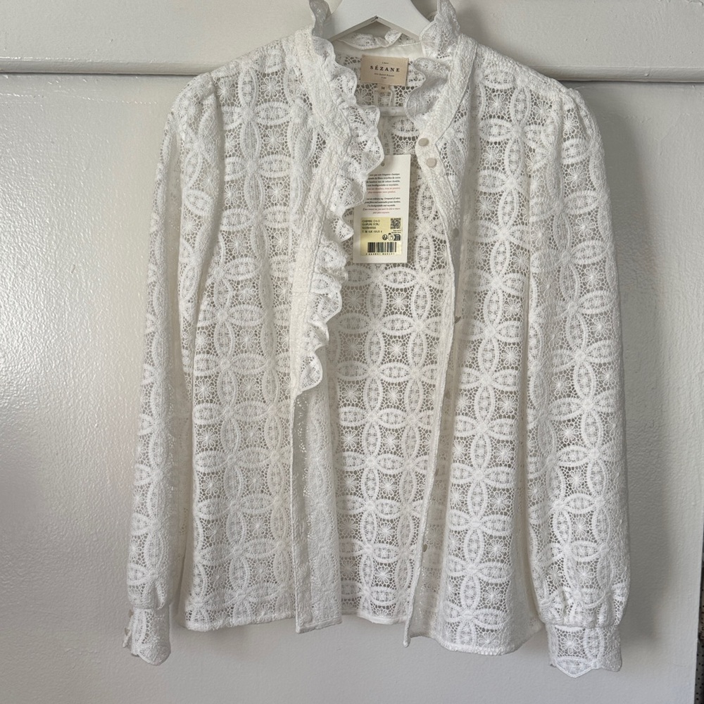 Sezane White Lace Blouse with Ruffle Detail